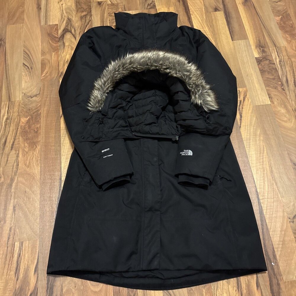 The North Face 550 Women's Arctic Down Parka Jacket Black Detach Fur Hood Size L